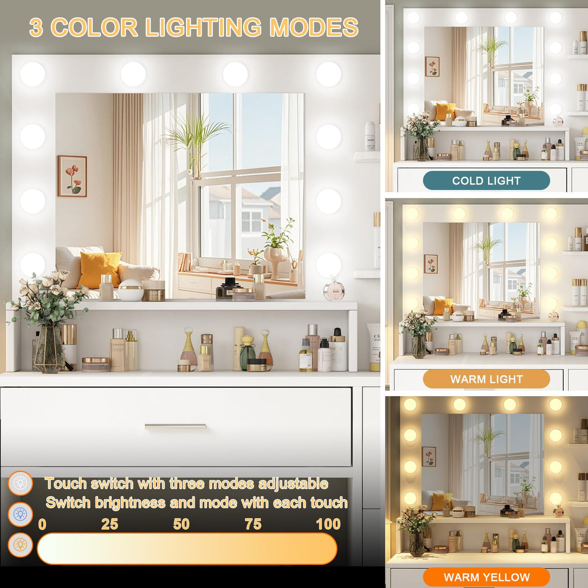 OTOQS Makeup Vanity Desk with Mirror and Light,Dressing Table Set with 3 Color Modes LED Lights,Large and Three Level Storage Dresser, for Bedroom Dressing Room,White OTOQS