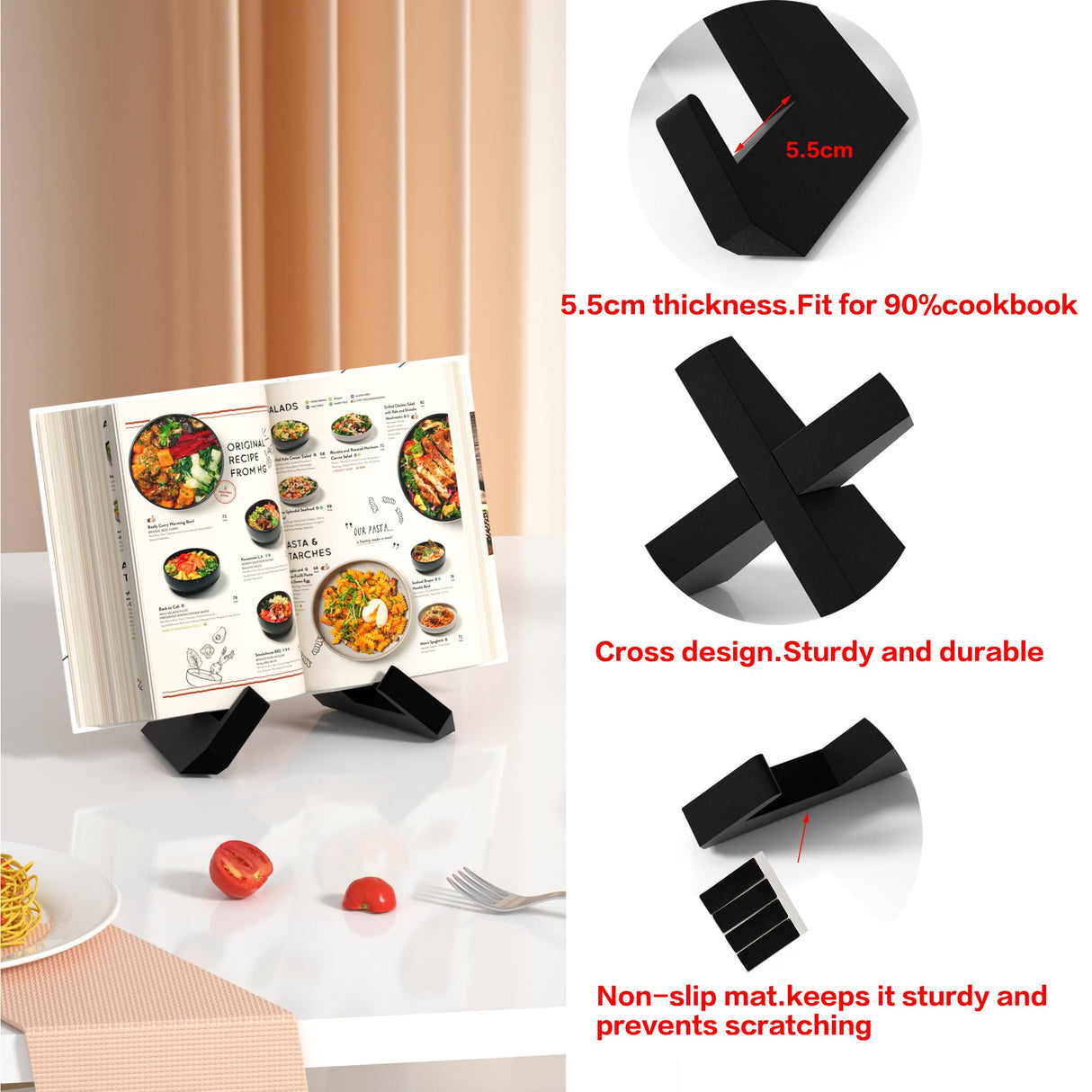 Webtrlics Cookbook Stand, Cookbook Holder for Kitchen,Black Recipe Book Holder for Counter,Wooden Plate Holder Display Stand for Tabletop (Black) Webtrylics