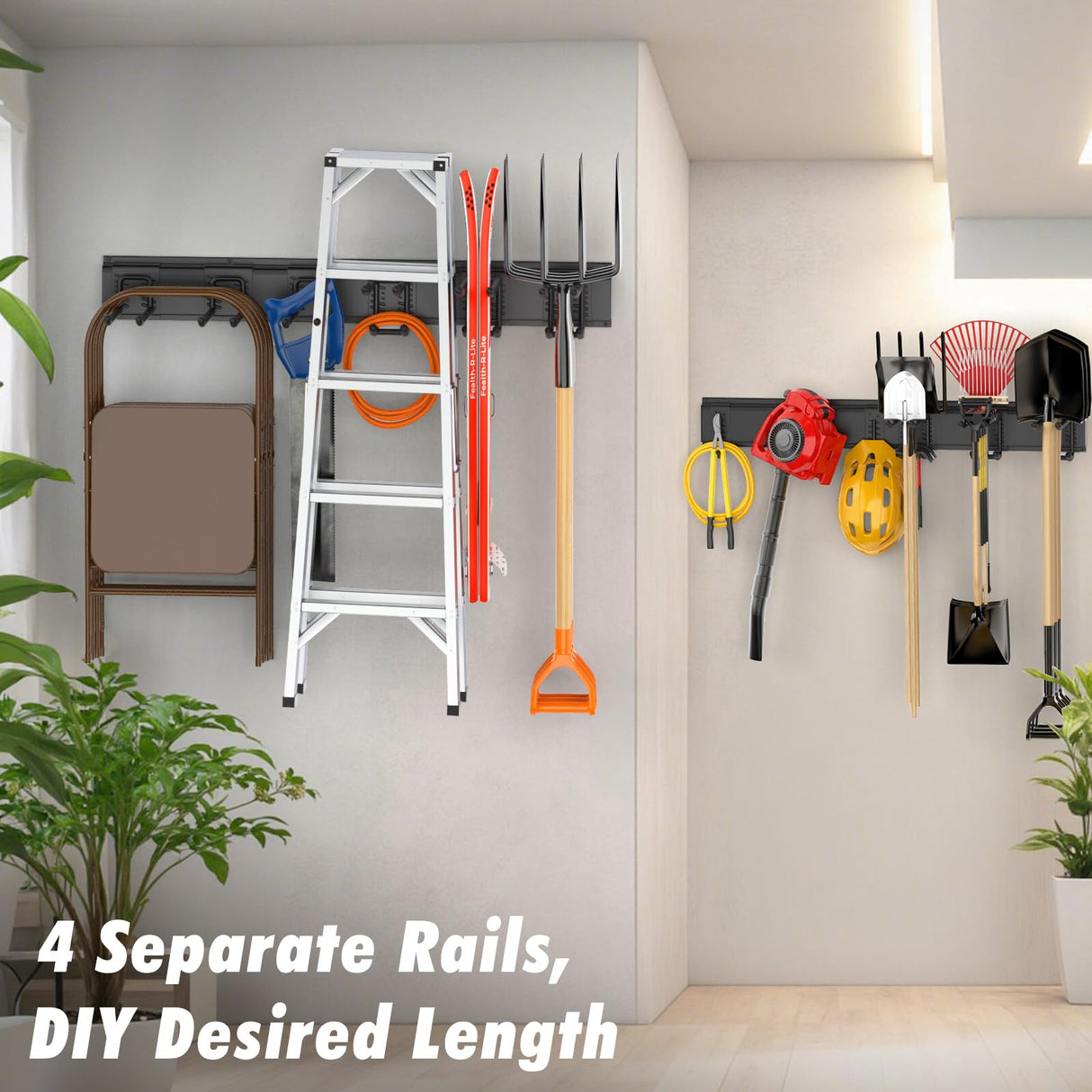 Housolution Heavy Duty Garden Tool Organizer 64 Inch - 18Pack Carries 570 lbs, Garage Tool Organizer Storage System, 4 Rails with 12 Adjustable Hooks, Tool Holder Wall Mount for Warehouse, Workshop Housolution
