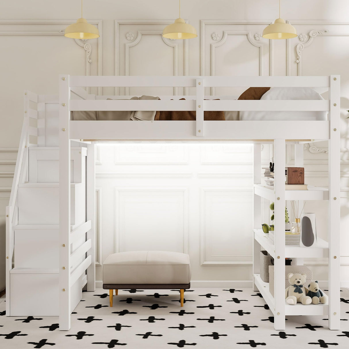 Bellemave Full Loft Bed with Stairs and Shelves, Wood Loft Bed with Bookcase and 3-Tier Shelves, Wardrobe, LED for Kids, Teens, Adults, White Bellemave
