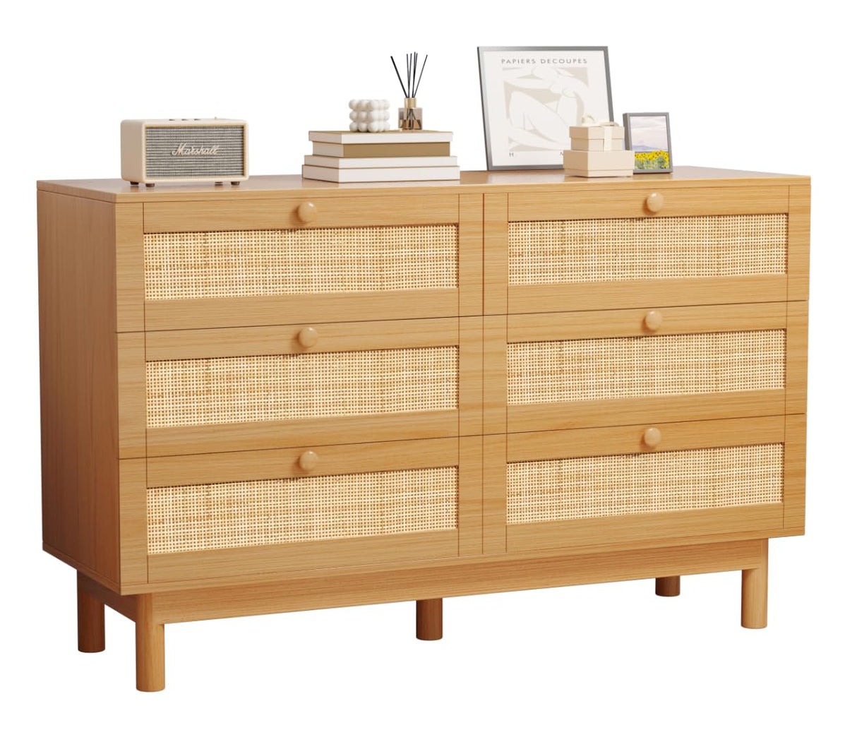 Bliss Homey 6 Drawer Dresser for Bedroom, Rattan Natural Wooden Dresser, 48" Wide Boho Chest of Drawers, Double Dresser with Wood Storage Organizer for Closet, Living Room, Hallway Bliss Homey