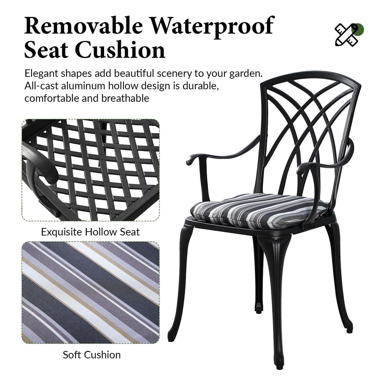 Lokingrise Outdoor Bistro Set 3 Piece Outdoor Bistro Table and Chairs Set Table with Umbrella Hole, Cushions, Cast Aluminum Patio Furniture for Porch, Backyard, Garden, Black Lokingrise