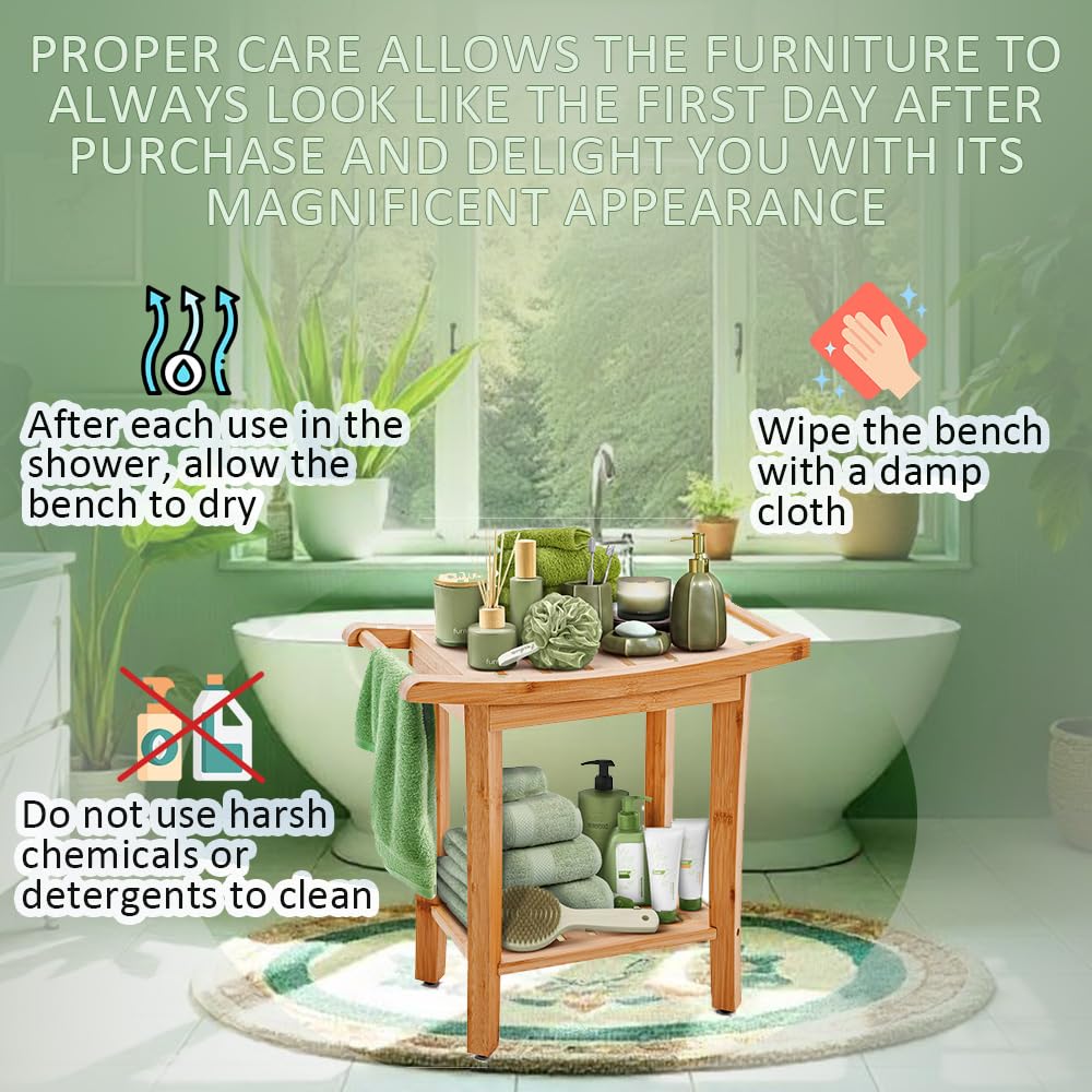 Bamboo Shower Bench with Handles and Shelf – Waterproof Stool for Inside Shower, Bathroom Foot Rest, Shaving Seat, Bamboo Shower Chair for Adults Teak shower bench