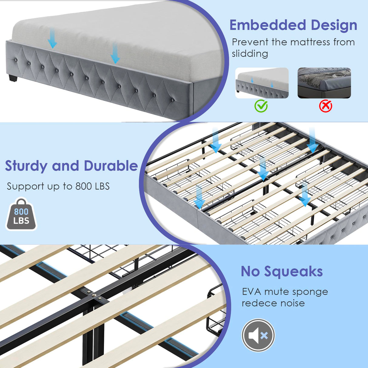 BedsPick Queen Size Bed Frame with LED Lights, Velvet Upholstered Platform Queen Bed Frame with 4 Storage Drawers and Adjustable Headboard, No Box Spring Needed Queen Bedframe, Noise Free, Light Grey BedsPick