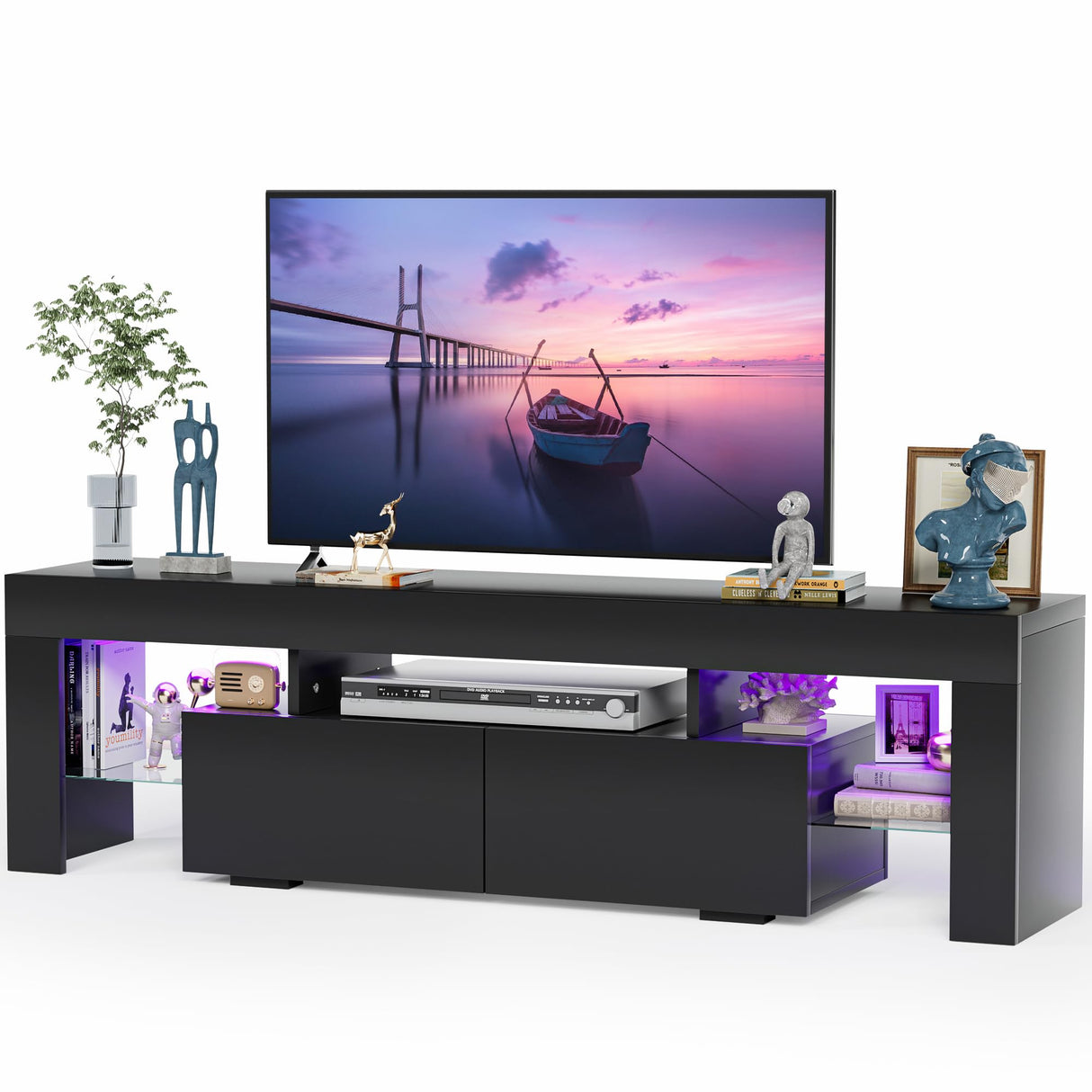 JUMMICO TV Stand with LED Lights, Modern Entertainment Center Media and Open Shelf Console Table Storage Desk with 1 Drawer and Remote Control 20 Color LED Lights up to 70 Inch TV (Black) JUMMICO
