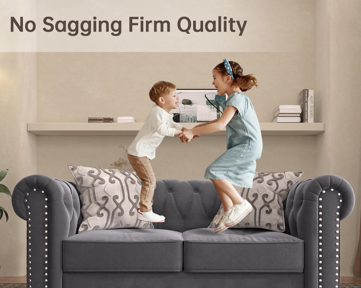 Morden Fort Classic Chesterfield Sofa Set 82'', Tufted Sofa Couch Set with Solid Wood Legs Thick Cushion, Pet-Friendly 3-Seater Sofas Couches for Living Room Bedroom Apartment - Velvet Grey Morden Fort