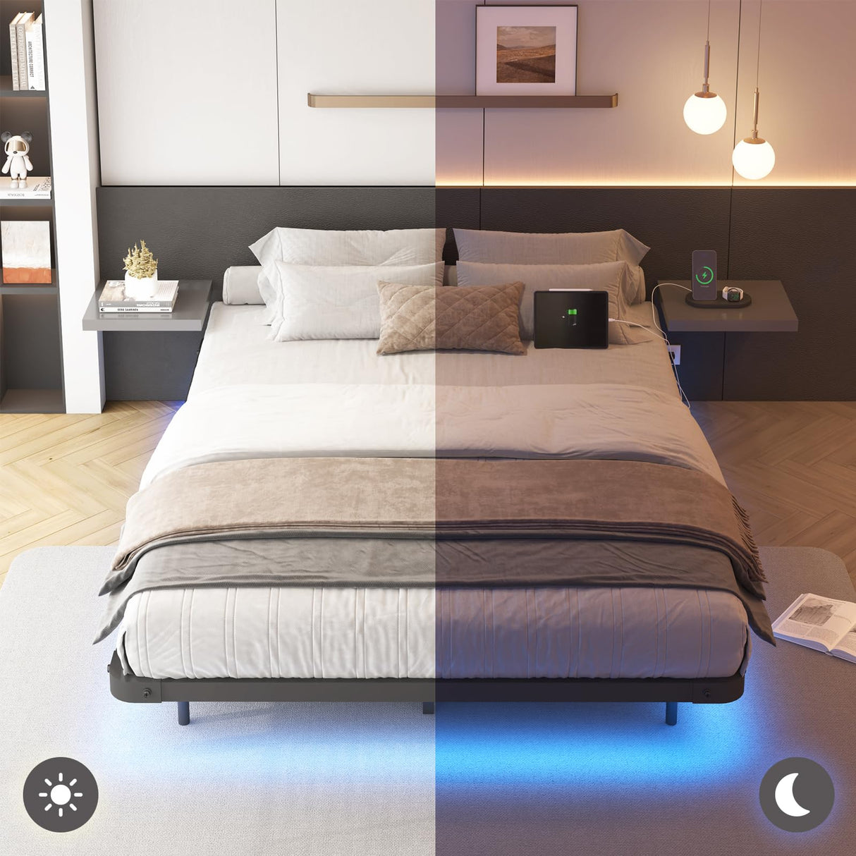 YGEOMER Full Size Floating Bed Frame with Charging Station, Modern Metal Platform Bed Frame with LED Light, Easy Assembly, Black YGEOMER