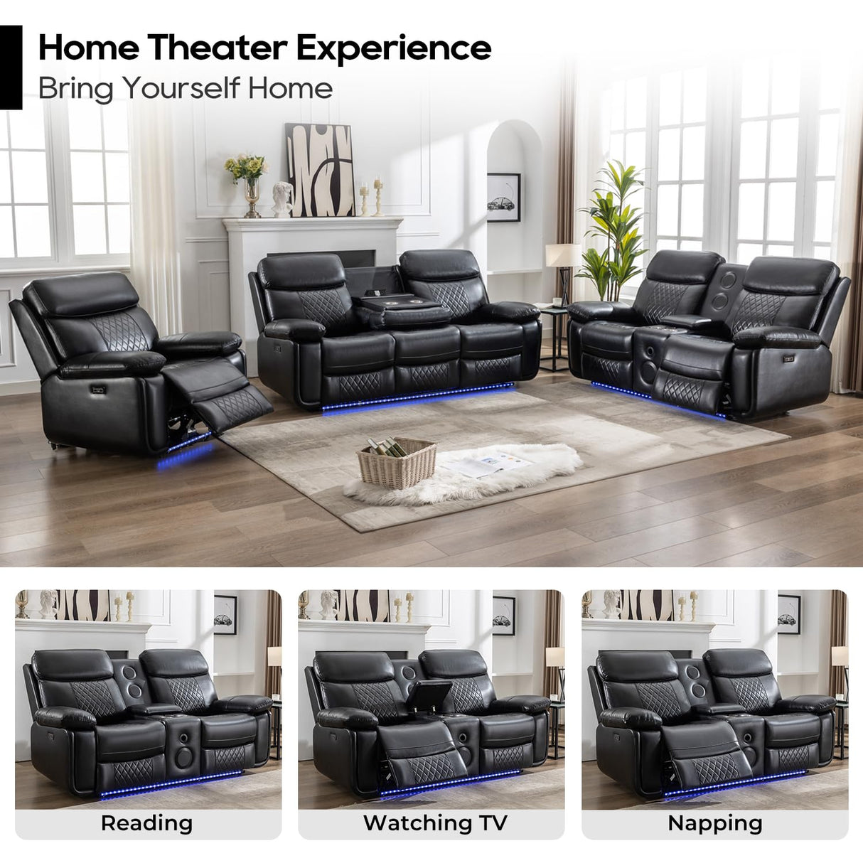 Power Recliner Sofa Set 3 Piece with Bass Speakers for Living Room,Faux Leather 3 Seater Reclining Couch with Wireless Charger and Loveseat Theater Seating,Electric Recliner Chair with LED Light,Black Comfort Stretch