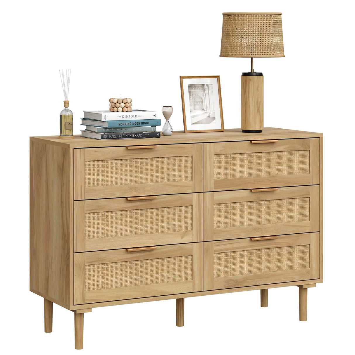 Furniouse 6 Drawer Rattan Dresser for Bedroom, Wooden Dresser Chest of Drawers, Storage Organizer for Closet, Beside Table for Living Room, Entryway Furniouse