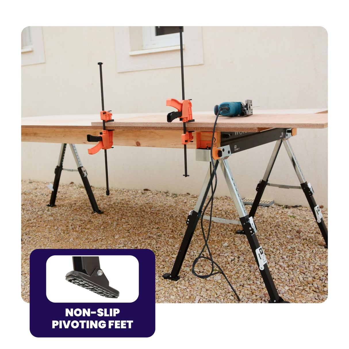 WORHAN Sawhorse Twinpack 2600 lbs Jobsite Table Folding Quickly Adjustable Legs Support Arms Sawing Non Slip Trestle Sawmule Steel Workbench S600A WORHAN