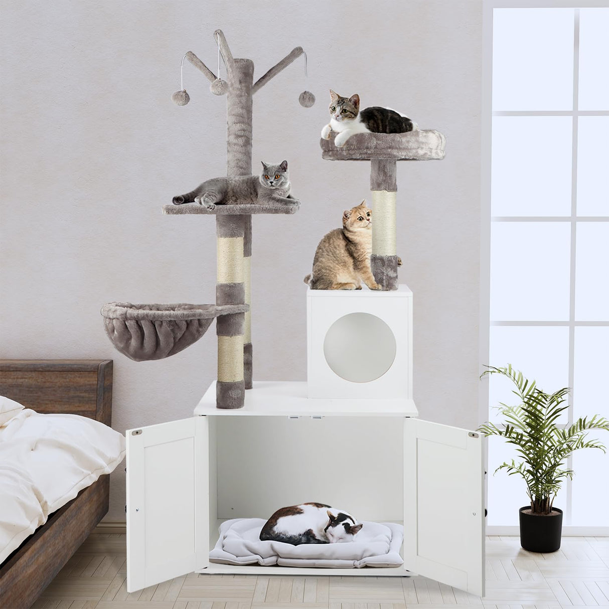 Timberer Litter Box Enclosure with Cat Tree, 2-in-1 Hidden Litter Box Furniture with Scratching Post, Modern Cat Condo, White Timberer