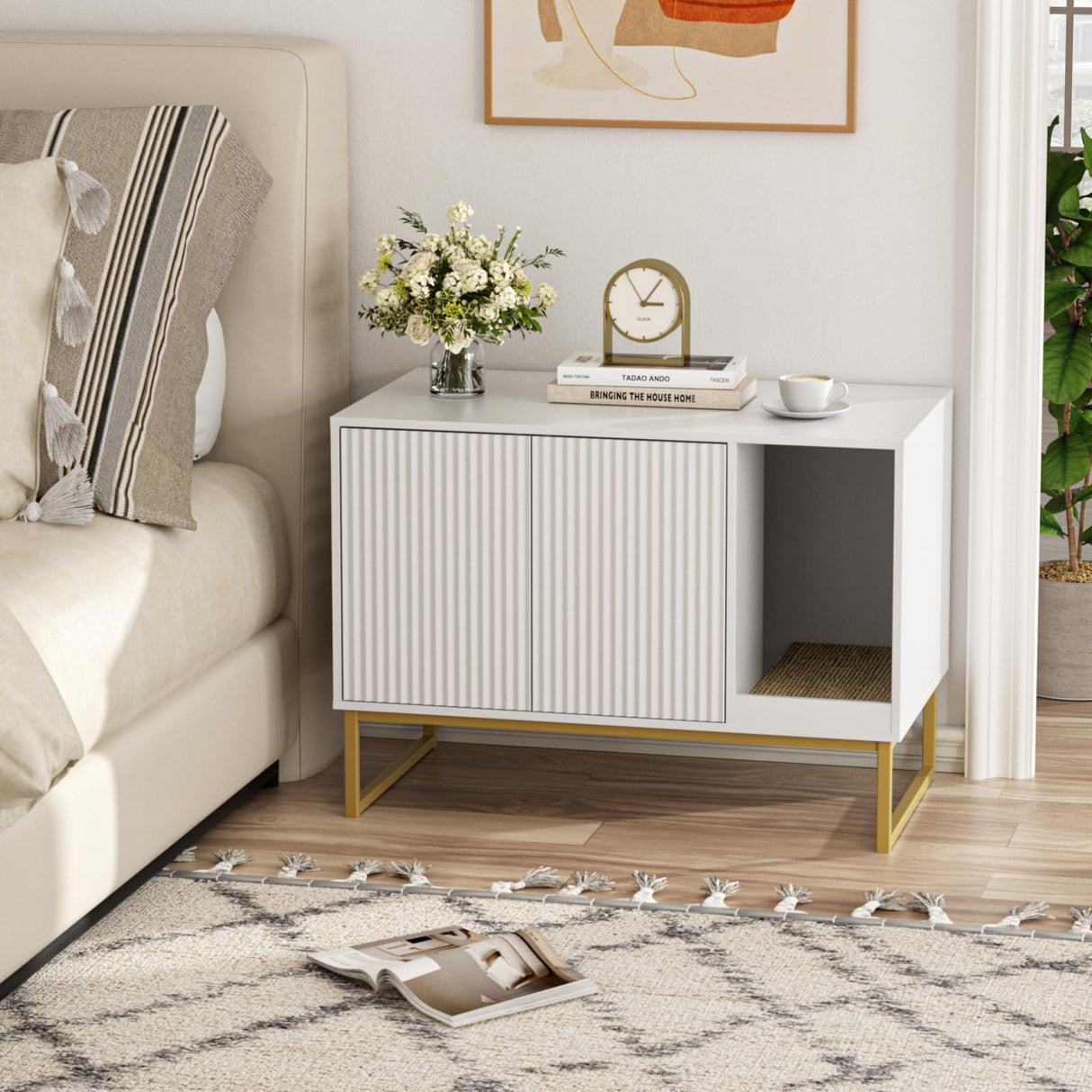 Cat Litter Box Enclosure, Fluted Hidden Litter Box Furniture with Scratch Pad and Metal Legs, Modern Enclosed Cat Cabinet, 31.5 x 17.7 x 21.7 Inches Indoor Pet House for Living Room, Washroom, White FiveWillowise