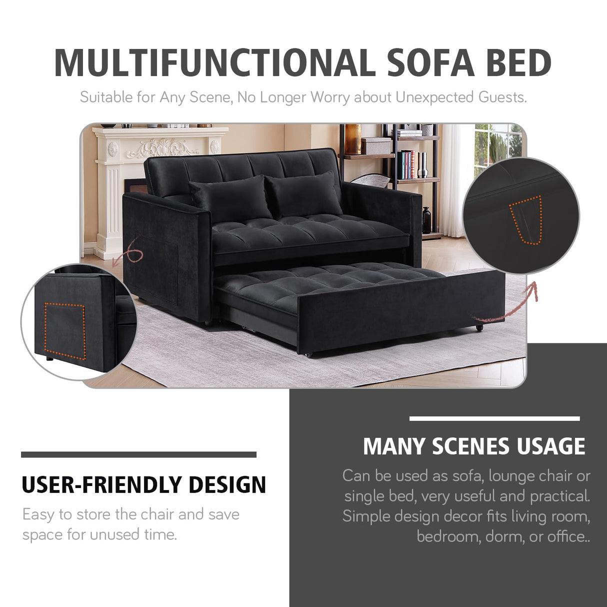3 In 1 Velvet Convertible Sofa Bed, Pull Out Couch Bed with Reclining Backrest And 2 Pillows, 54" Full Size Loveseat Sleeper Sofa Futon Couch Bed, Couches For Small Spaces, Living Room (Black) Xinmviec