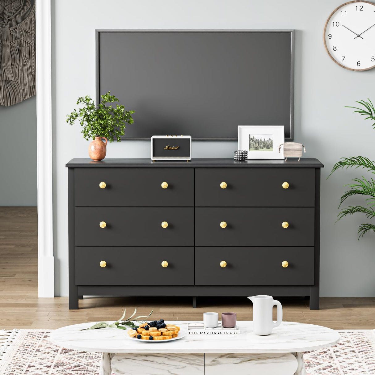 HOUROM Black Dresser, Modern 6 Drawer Double Dresser for Bedroom with Gold Knobs, Adults & Kids Wide Dressers & Chests of Drawers for Hallway, Entryway HOUROM