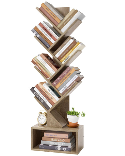 Hoctieon 6 Tier Tree Bookshelf, Tall Bookcase with Drawer, Freestanding Book Shelf, Display Floor Standing Storage Shelf, Book Organizer Shelves for Home Office, Living Room, Bedroom, Greige