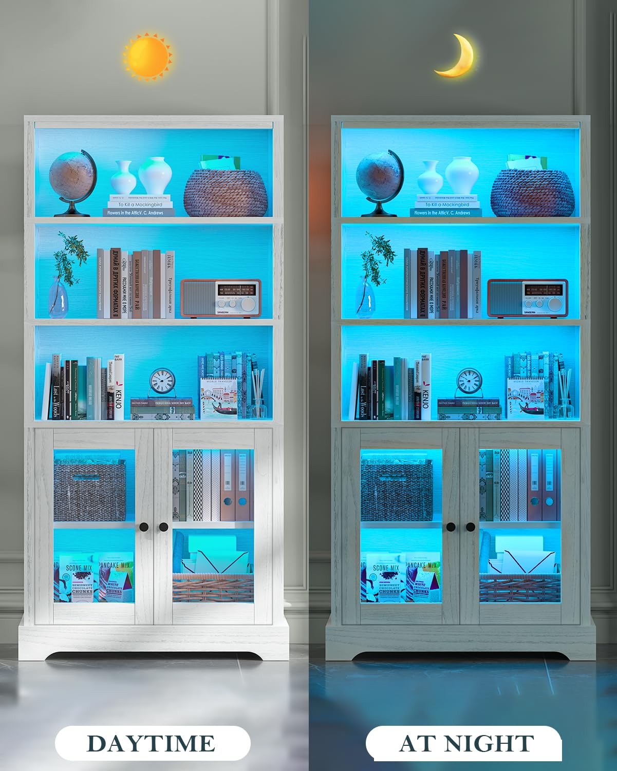 TVU 5-Tier Bookcase with Cabinet & LED, Wood 65 Inch Tall Bookshelf with Storage, Floor Standing Display Book Shelf for Living Room, Office, Study, Entryway (Antique White) TVU