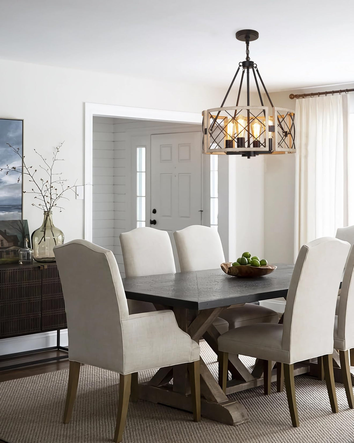 SANTOSTOCK D19'' Farmhouse Chandelier, 4-Light Adjustable Dining Room Light Fixture Kitchen Island Lighting, Rustic Hanging Lights for Entryway Foyer Bedroom Living Room, Black & White Oak SANTOSTOCK