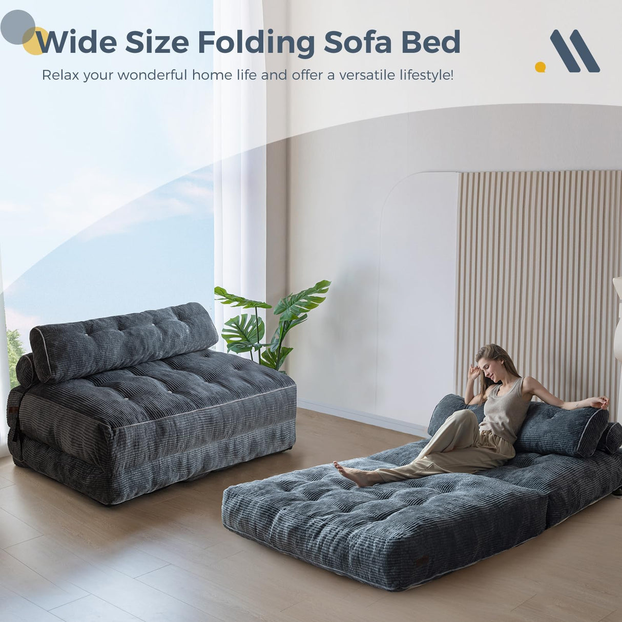 MAXYOYO Folding Sofa Bed, Convertible Sleeper Chair with Pilow Foldable Matress with Back Support, Portable Fold Out Chair Bed Comfy Floor Sofa Lounge for Living Room Bedroom, Dark Grey, Double MAXYOYO