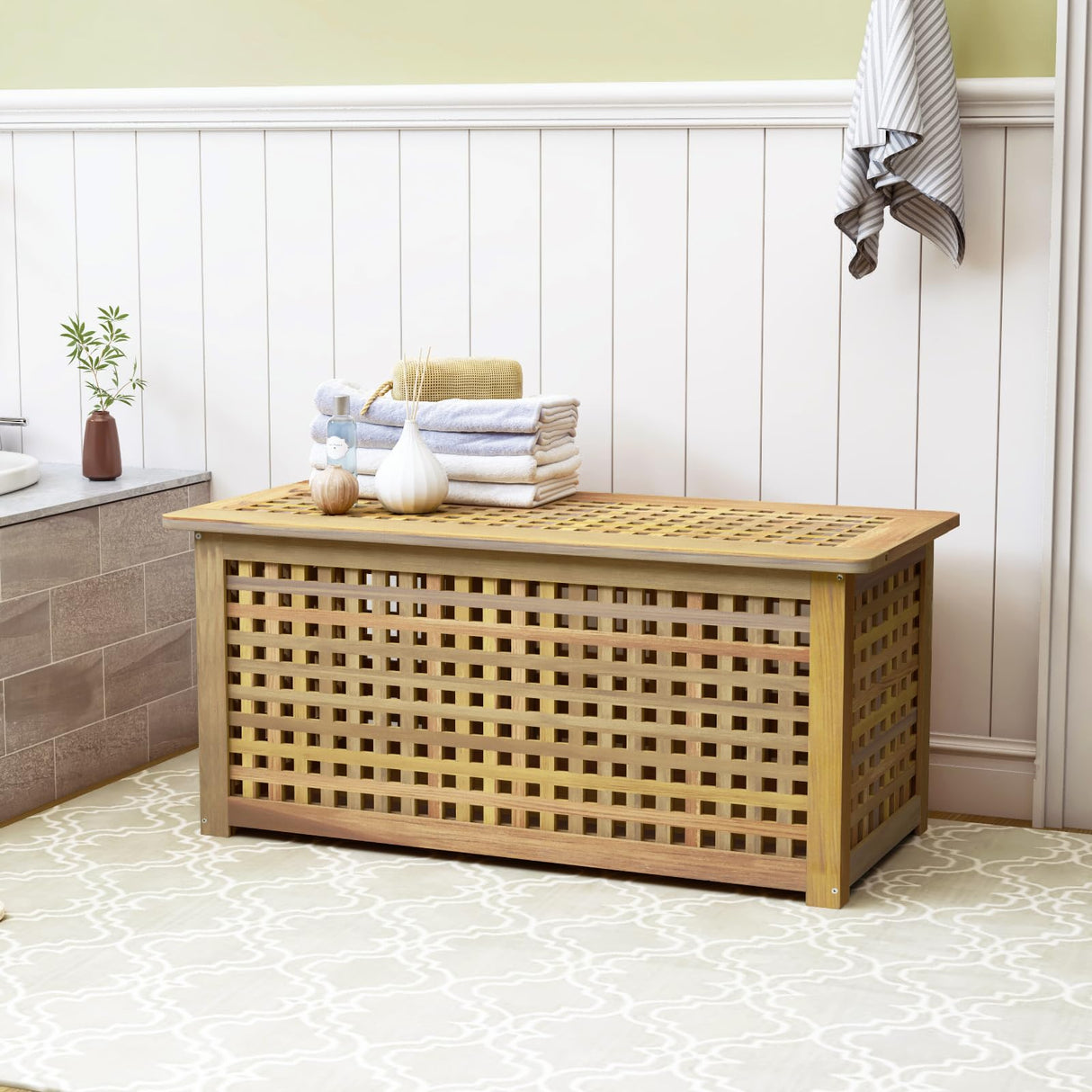 Gashell Bench with Storage, Acacia Laundry Hamper with Seat, Storage Benches with Seating for Entryway, Living Room, Bedroom, Bathroom (15.7x38.6x17.7in) Gashell