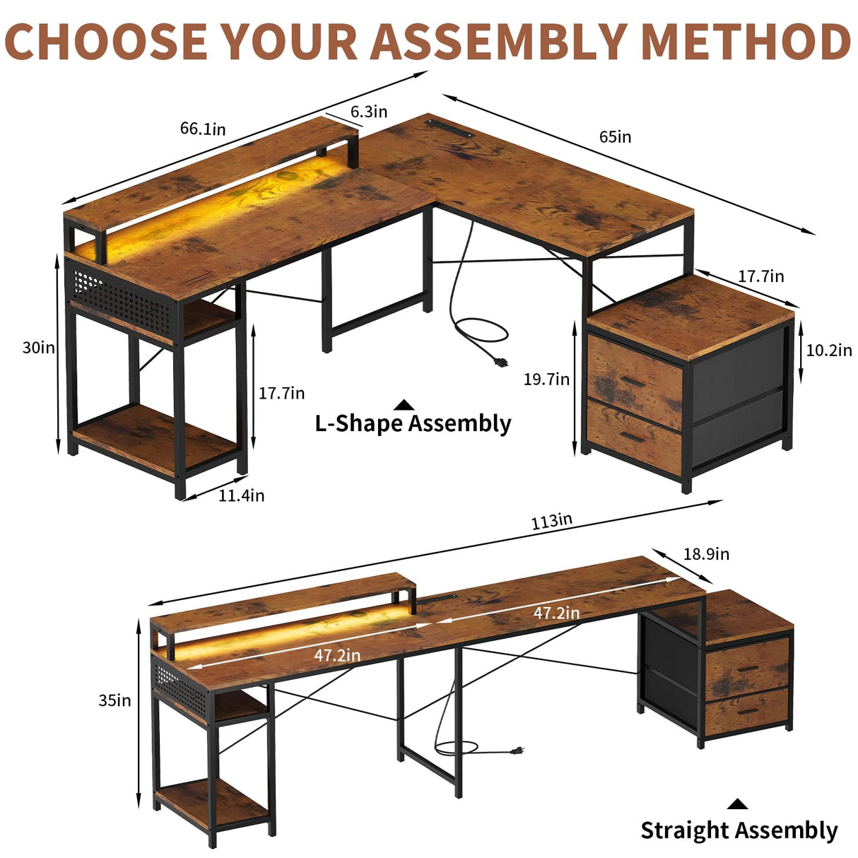 OtterOasis 66" L Shaped Desk with Drawer, 113" 2 Person Desk with Printer Stand, Large Convertible L Shape Gaming Desk with Power Outlet, Computer Desk with Led Light for Home Office, Rustic Brown OtterOasis