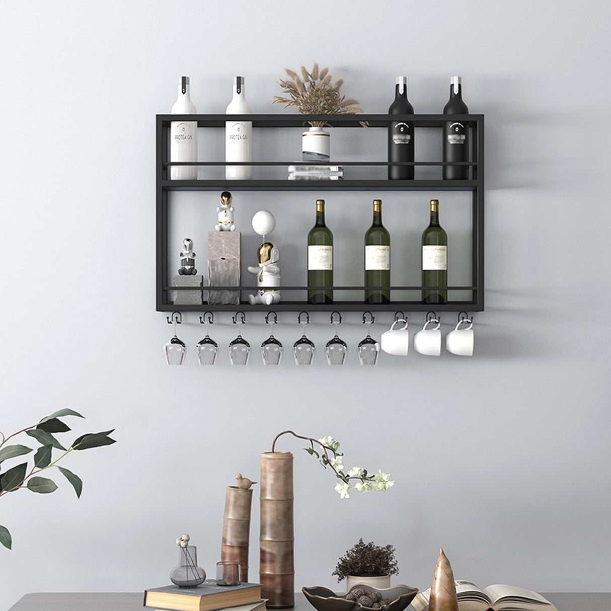 Industrial Wall Mounted Wine Rack, 2-Tier Wood Wine Bottle Shelf with Stemware Rack, Black Wine Glass Rack Multi Functional Wine Storage Display Rack for Home Bar Dining Room Kitchen (39.3×7.8×26in) SPTZQURY