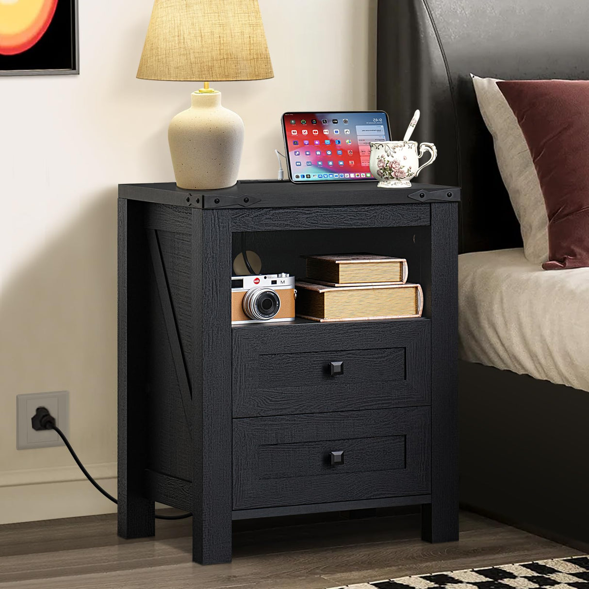 Joaxswe Nightstand with Charging Station and USB Port, Farmhouse Night Stand with 2 Drawers and Shelf Storage, Wooden Side End Table, Bedside Cabinet for Bedroom, Living Room, Closet,Office (Black) Joaxswe