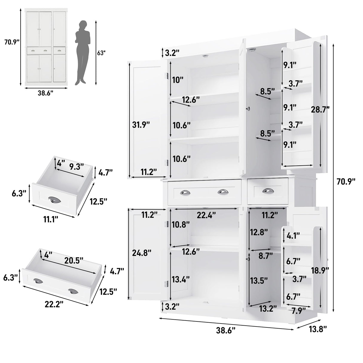 71" Tall Kitchen Cabinet Pantry Storage,Modern Kitchen Hutch Cabinet with Doors and Adjustable Shelves,Large Freestanding Food Pantry with 2 Drawer for Dining Room, Living Room, Hallway,White chartustriable