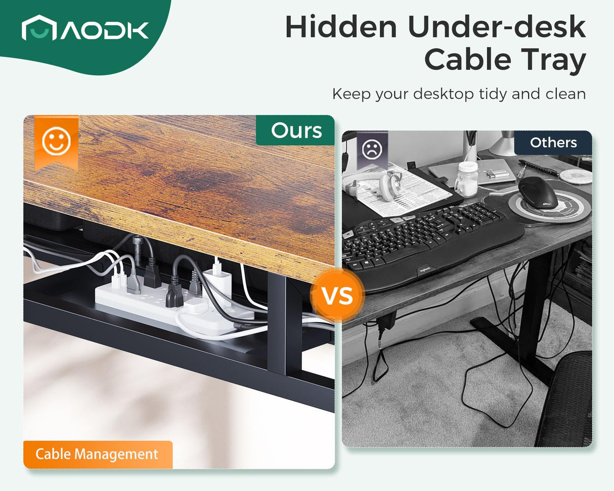 AODK 55 Inch Electric Standing Desk with 3 Drawers, Brown, Height Adjustable Desk with Power Outlets & LED Lights, Stand Up Desk with Monitor Shelf, Sit Stand Desk Computer Workstation AODK