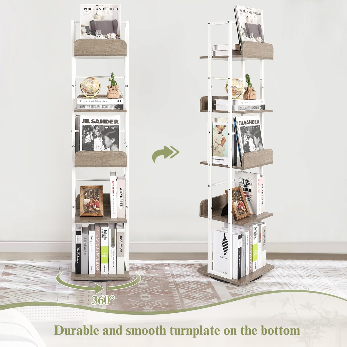 Bikoney 5-Tier Rotating Bookshelf Tower - Tall Industrial White Bookcase for Corners and Small Spaces Bikoney