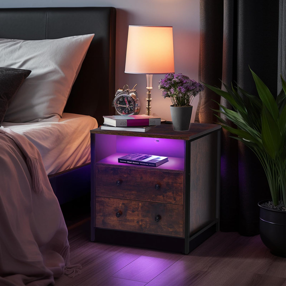 Tykacna 27 Inch Wide Night Stand, Wooden Night Stand with 2 Drawers, LED Nightstands with Charging Station and Adjustable Drawer for Living Room/Bedroom/Study/Office Nightstand, Retro Brown. Tykacna