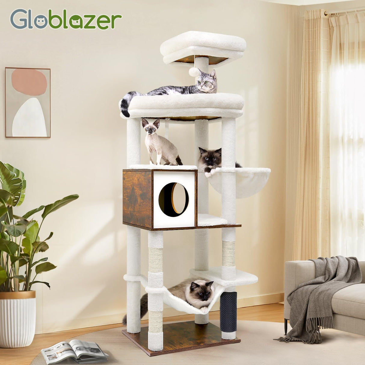 Globlazer W66 Cat Tree Tall 66-inch Modern Cat Tower for Indoor Cats Aesthetic Cat Tree with 4 Scratching Posts, 5 Washable Removable Cushions, Cat Furniture Globlazer