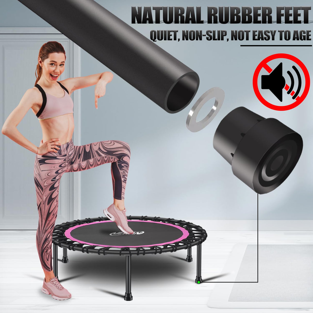 Newan 40'' Silent Fitness Mini Trampoline - Indoor Rebounder for Adults - Best Urban Cardio Jump Fitness Workout Trainer, Covered Bungee Rope System - Max Limit 330 lbs NEWAN