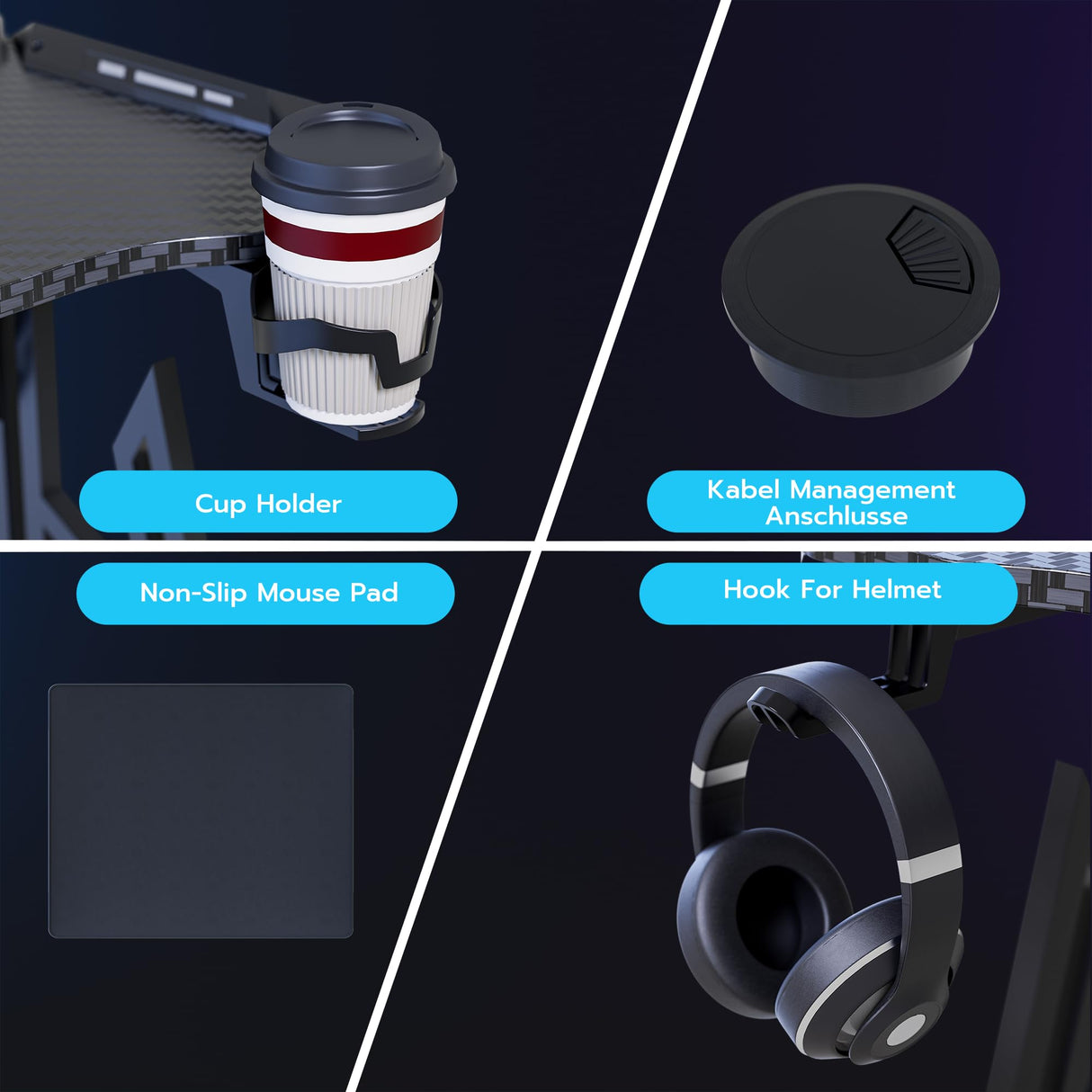 WEMUZVIU Gaming Desk with LED Lights - Ergonomic RGB Gaming Computer Table, 55 inch Carbon Fiber Surface Computer Desk PC Workstation with Cup Holder & Headphone Hook WEMUZVIU