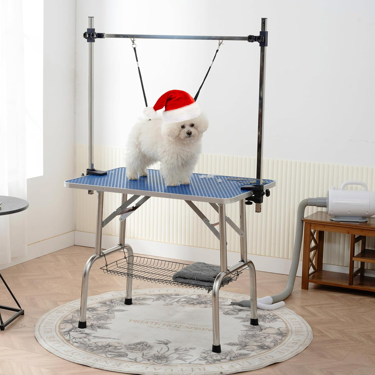 EPIKOIB Pet Dog Grooming Table, Foldable Stainless Steel Pet Drying Grooming Table Up to 330lbs, Professional Bathing Desk for Dogs at Home with Adjustable Overhead Arms, Noose, Mesh Tray, 36''/Blue EPIKOIB