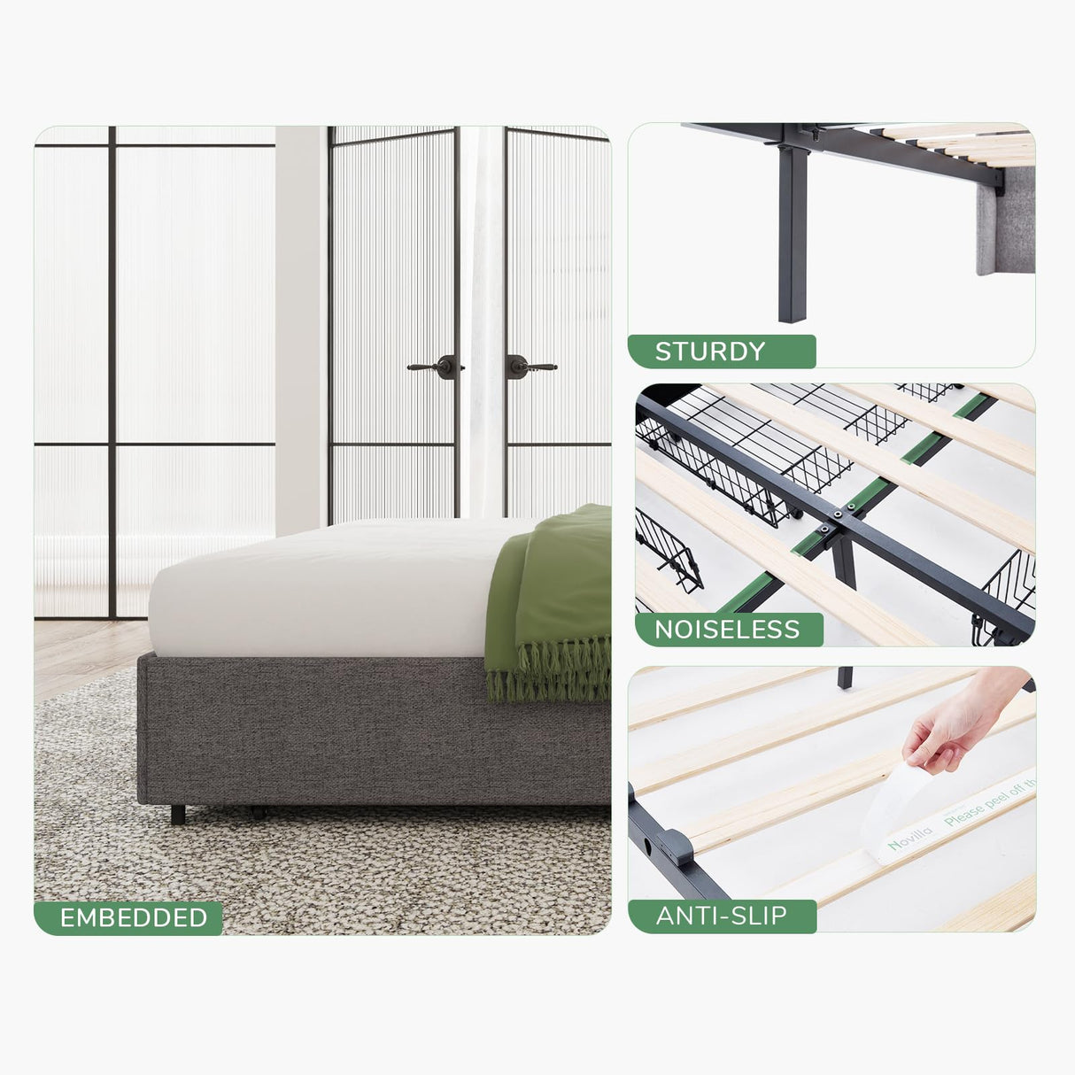 Novilla Upholstered King Size Bed Frame Platform with 4 Storage Drawers and Fabric Headboard, Non-Slip and Noise-Free King Bed Frame, Strong Wooden Slats, No Box Spring Needed, Grey Novilla