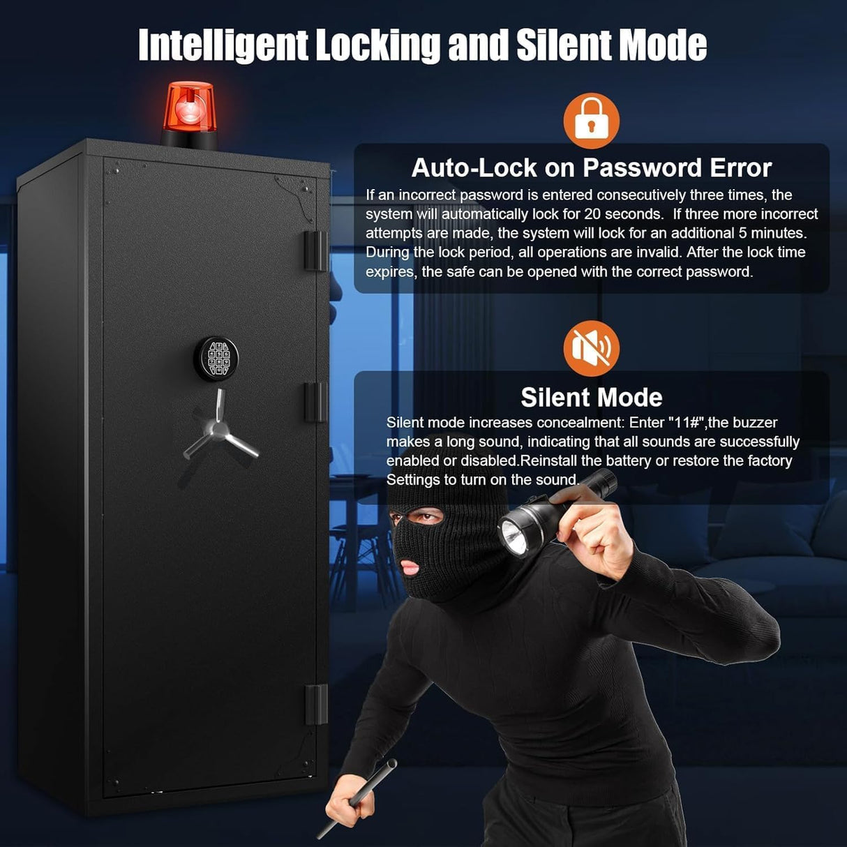 30 Gun Safe, Large Rifle Safe for Rifle and Shotgun/Rifle Pistol Rack/Storage Pocket/Removable Shelf/Silent Mode/External Battery/LED/Key,180° Open Door Panel Organizer Gun Cabinet Safe Unassembled TTSITG