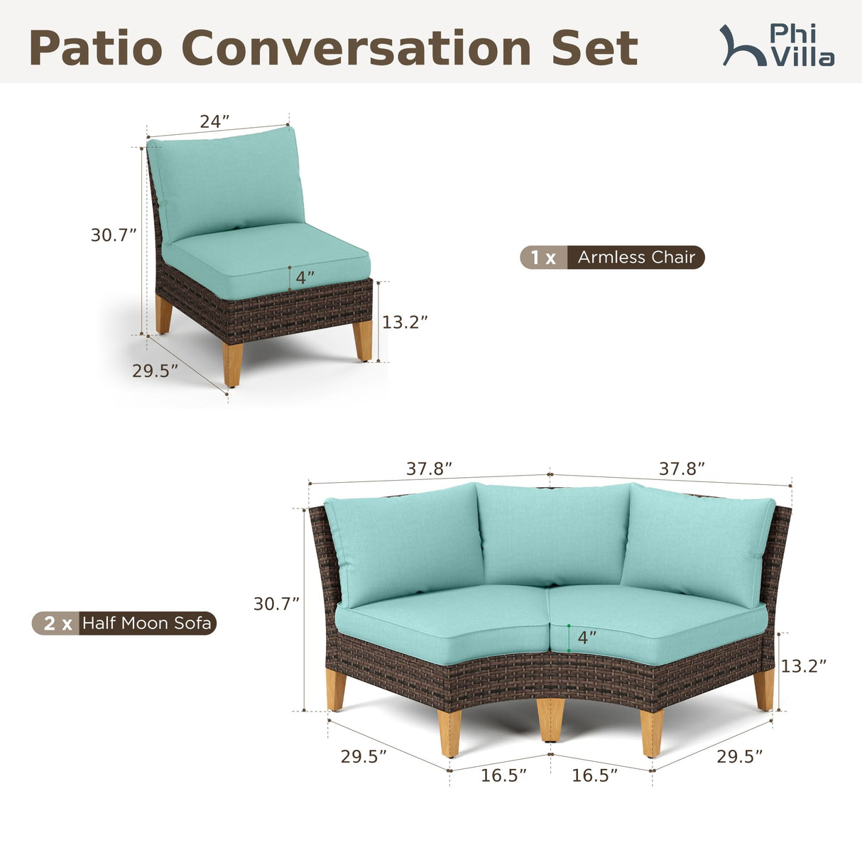 PHI VILLA 3-Piece Half-Moon Patio Furniture Set, Outdoor Curved Sectional Sofa Conversation Set with Cushions, Wicker Modular Couch for Garden, Deck, Backyard, Aqua Blue PHI VILLA