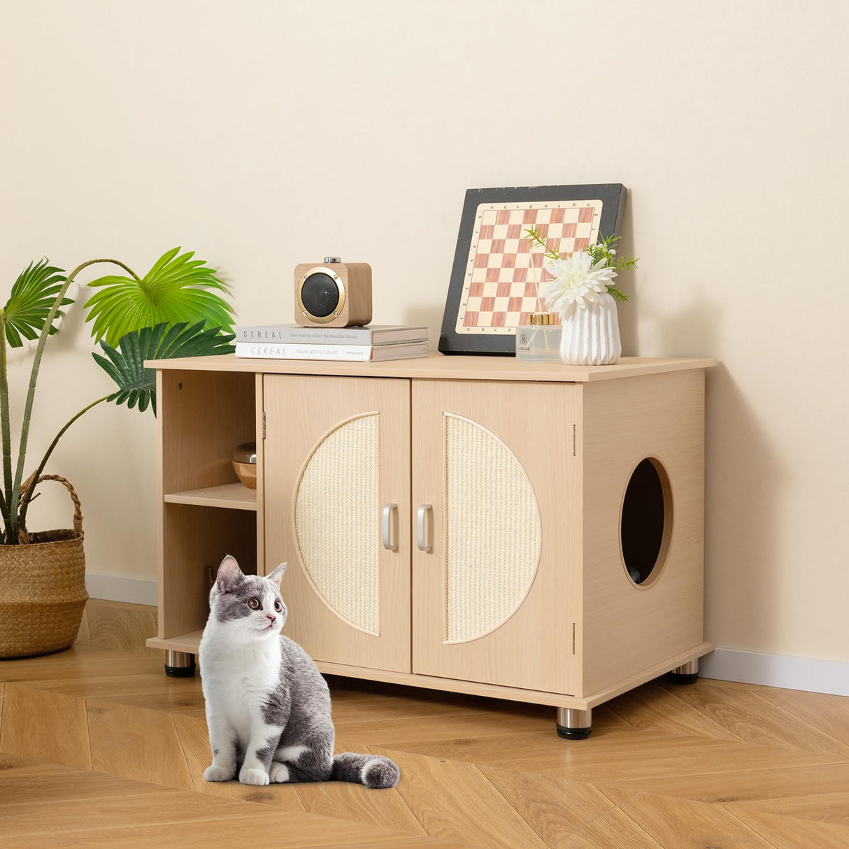Tangkula Cat Litter Box Enclosure, Hidden Cat Washroom with Storage Shelf, Sisal Scratching Doors, Adjustable Metal Feet, Modern Cat Litter Cabinet Storage Bench, Hidden Litter Box Furniture (Natural) Tangkula