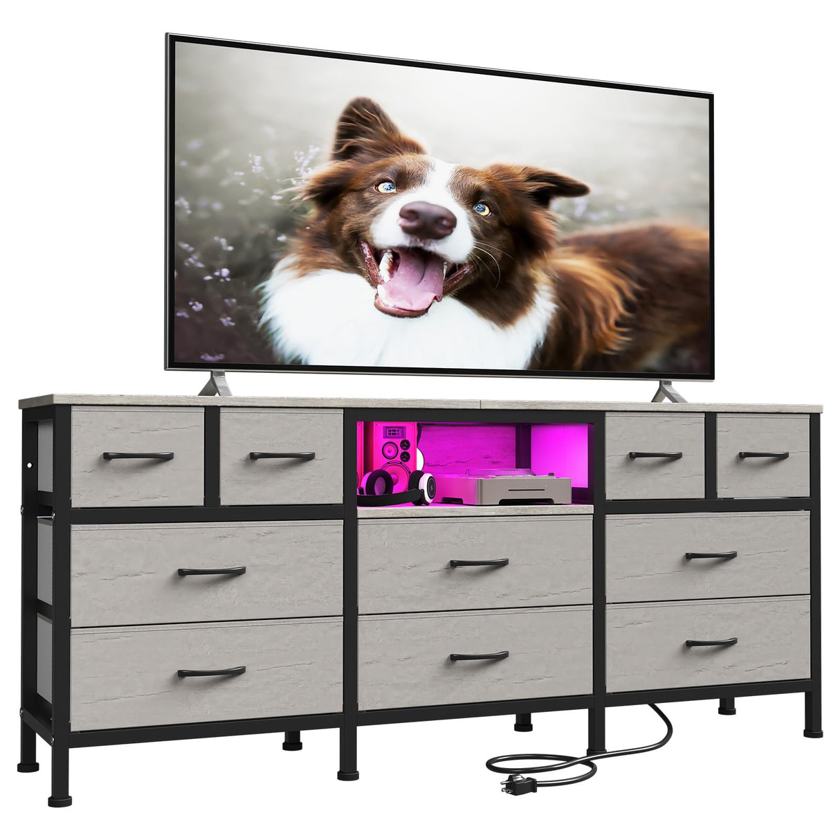 DrawXynth White Dresser for Bedroom with LED Lights and Power Outlets, 55" TV Stand with 10 Drawers & Open Shelves, Fabric Chest of Drawers with PU Finish, Metal Frame, Wood Top (Greige) DrawXynth