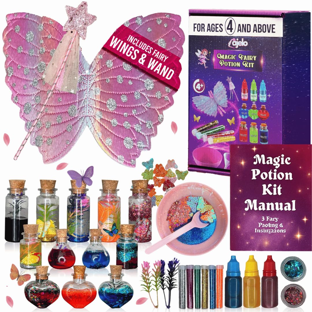Ajelo Fairy Potions Kit for Kids Magic Set with Wings Wands, 15 Bottles, Halloween & Christmas Party DecorationsToys Girls & Boys Ages 4+ Years Ajelo