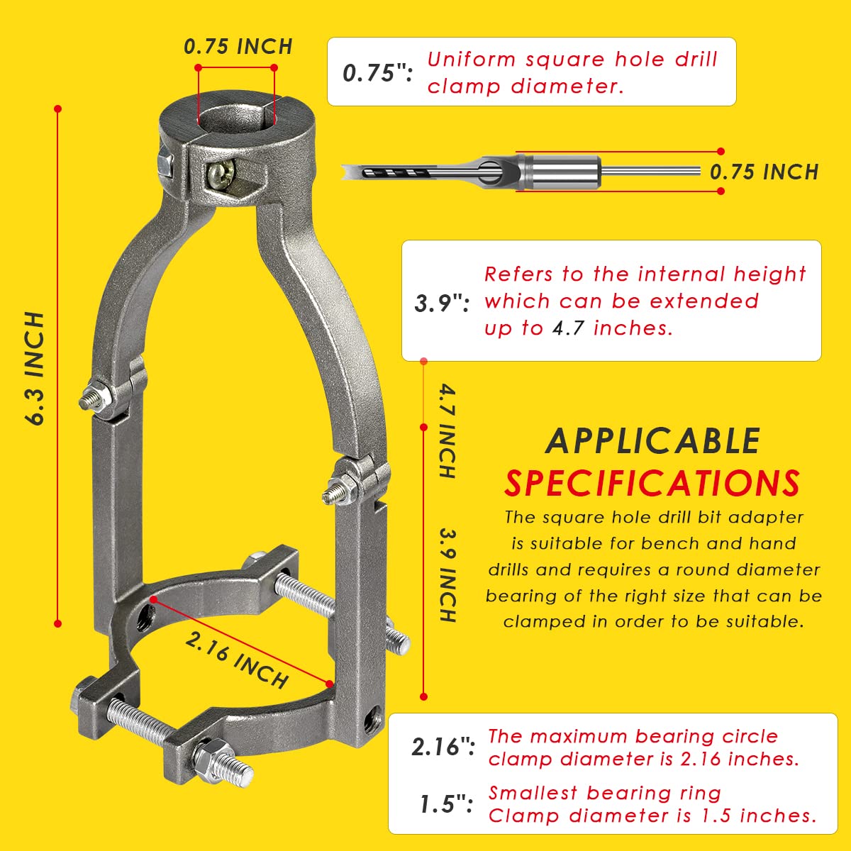 Square Hole Drill Bit Adapter for Easy Installation and Disassembly - Mortising Attachment for Drill Press, Mortise Machine, Power Tool Accessory for XSMNER