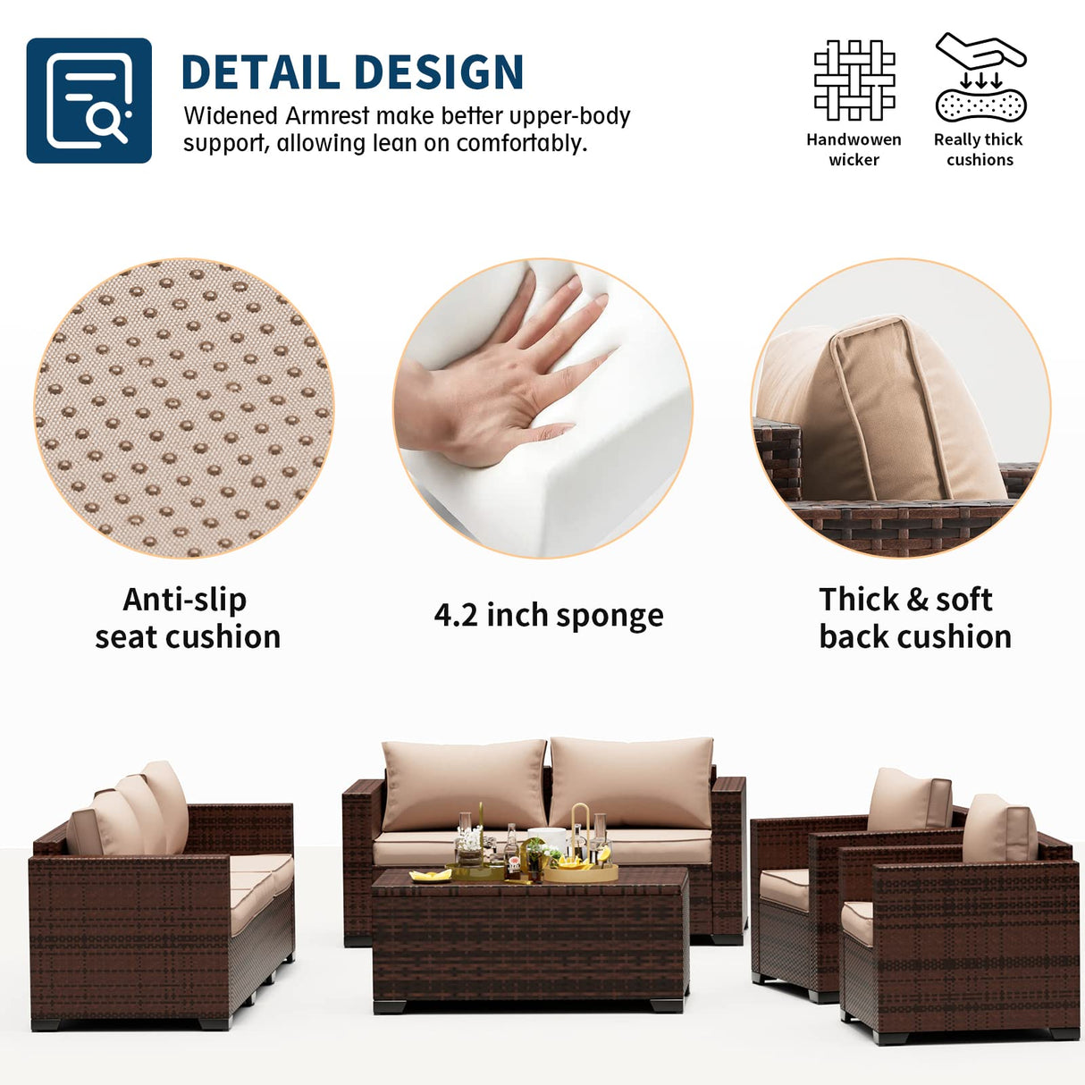 UDPATIO Outdoor Patio Furniture, 4 Pieces Outdoor Sectional Patio Set with Storage Coffee Table and Khaki Cushions, Patio Loveseats Balcony Furniture for Small Space UDPATIO