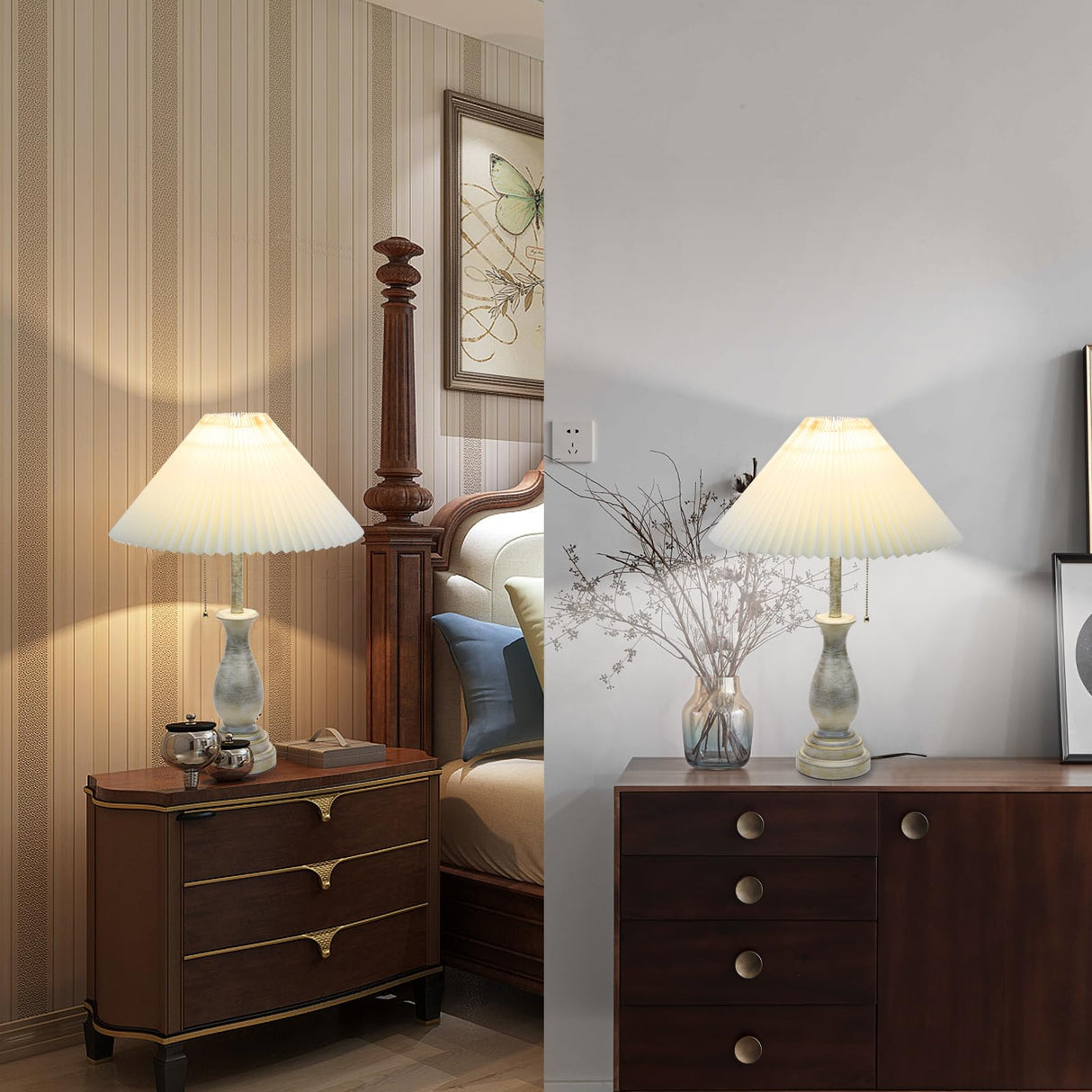 Farmhouse Table Lamp with Pull Chain Switch Control 3-Way Dimmable Table Lamp, Modern Nightstand Lamp Bedside Desk Lamp with Fabric Shade for Living Room Bedroom Hotel (Metal-Pack-01) LALISU