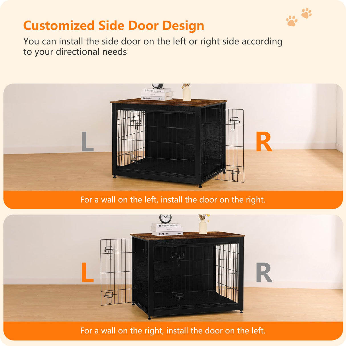 DWANTON Dog Crate Furniture with Cushion, Wooden Kennel Table with Double Doors, Indoor Dog House, Large Size, 38.5" L, Black+Rustic Brown Dwanton