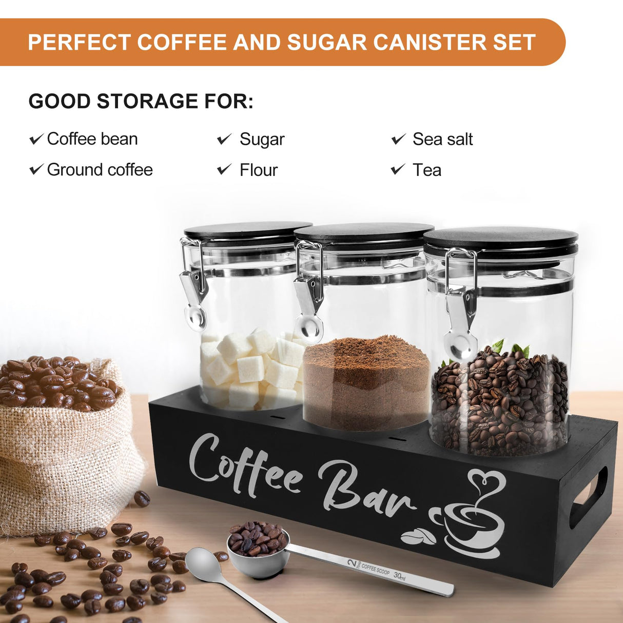 MACIFECI Glass Coffee Containers with Shelf Coffee Station Organizer 54oz Black Glass Coffee Bean Storage Canister with Spoon Coffee Canister Set Kitchen Food Storage Jars for Coffee, Sugar, Candy MACIFECI