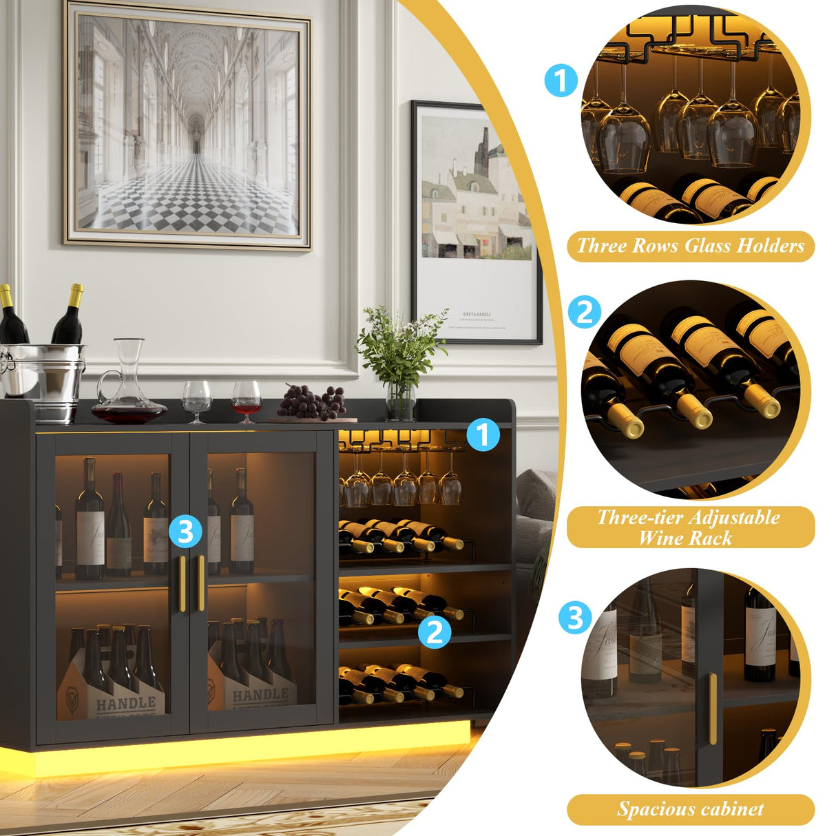 Loomie Wine Bar Cabinet with LED Lights, Floating Coffee Bar with Glass Rack and Removable Wine Racks, Modern Buffet Sideboard with Storage Shelves, Kithchen Bar with Glass Cabinet Doors, Black Loomie