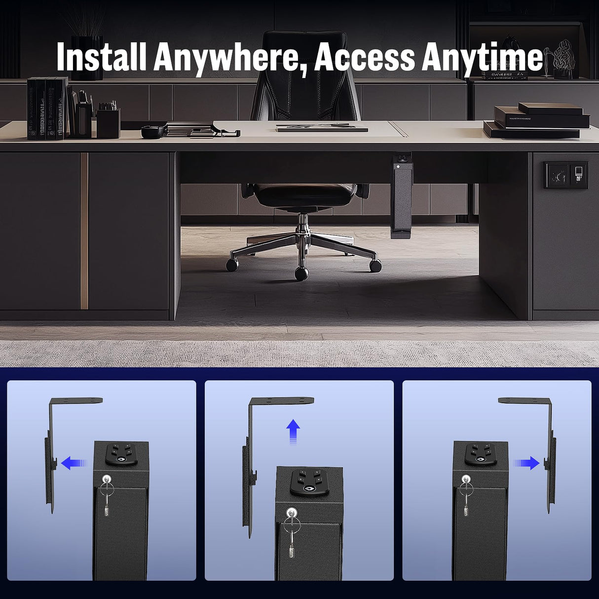 ADIMO Handgun Safe, Sturdy Steel Keypad Hidden Gun Safe, Single Gun Safe for 3-Way Drop-Down Install, Light&Silent Mode Quick Access Gun Safe for Car Desk Bedside Use, Keep Kids from Firearms Key Lock ADIMO