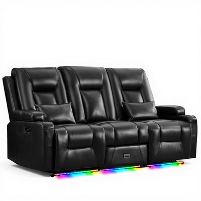 URRED Wall Hugger Power Recliner Sofa, RV Double Reclining 3-Seater Couch for Living Room with LED Lights, USB Ports, Cup Holders and Side Pockets, Outlets, Drawer, Faux Leather – Black