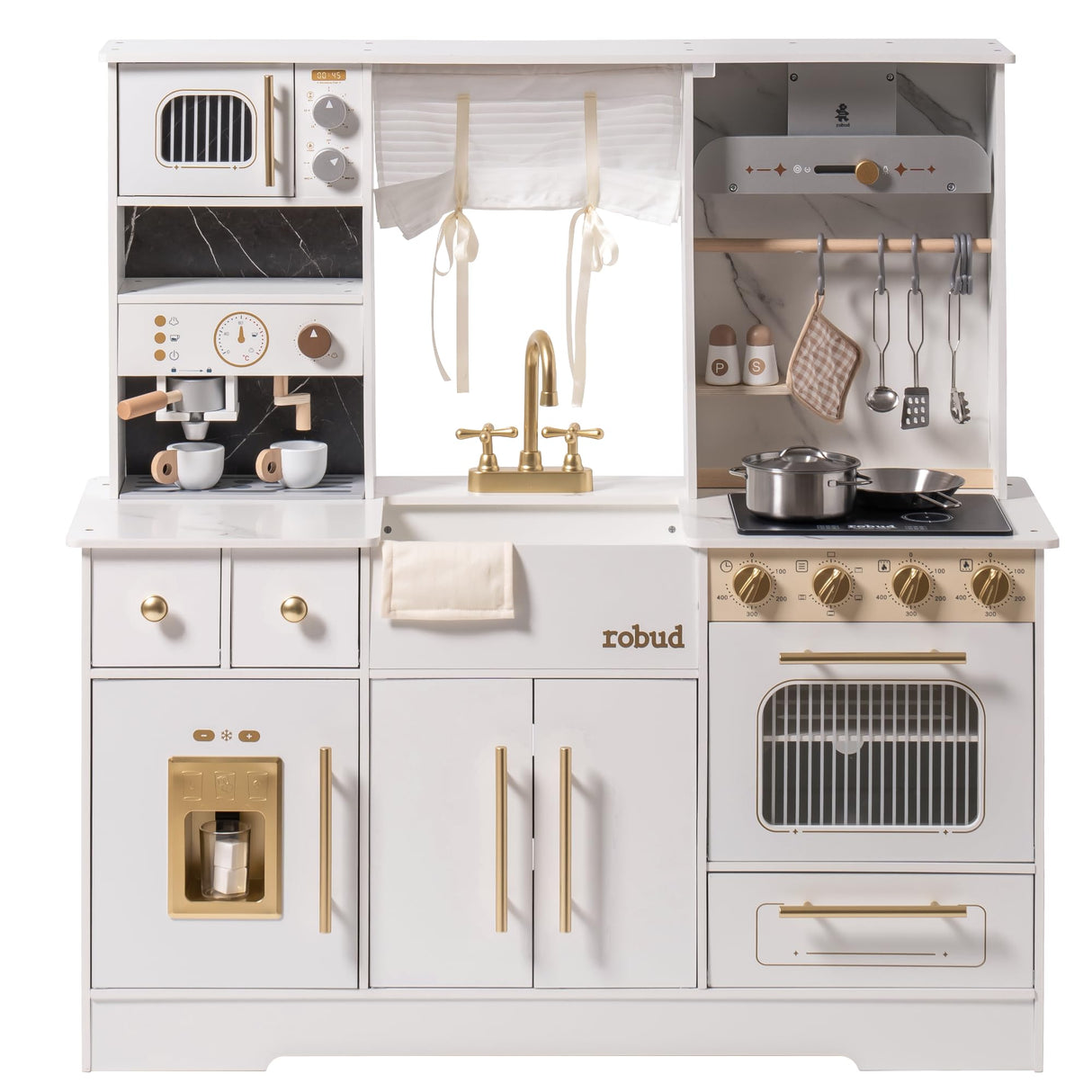 ROBUD Play Kitchen for Kids, Wooden Play Kitchen Set with Plenty of Realistic Play Features, Toy Kitchen with Ice Maker, Coffee Machine, Oven, Cabinet, Microwave, Utensils, Gift for Ages 3+, White ROBUD