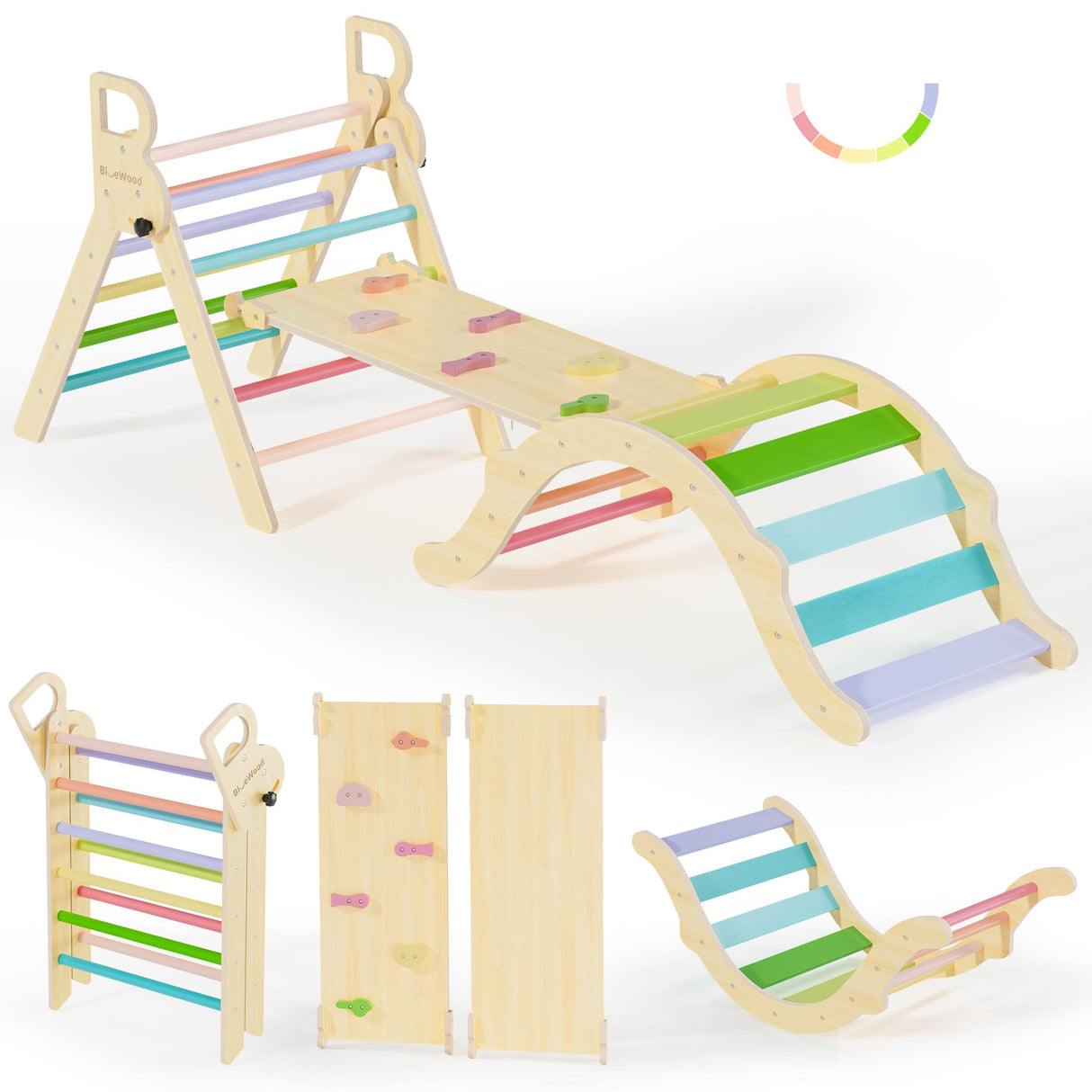 BlueWood Pikler Triangle Set, Toddler Wooden Climbing Toys Indoor 7in1 Foldable Climber for Kids, Montessori Philosophy Play Jungle Gym with Arch, Ramp, Ladder (Colorful Spring) BlueWood